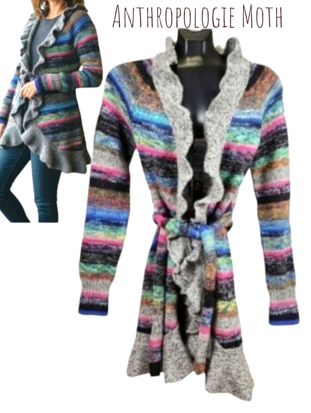 Anthropologie Moth Splash Of Color Rainbow Stripe Wool Ruffle Belted Cardigan S